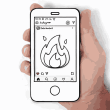 a hand is holding a smart phone with a drawing of a fire on the screen