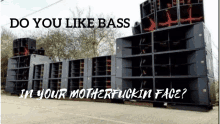 a bunch of speakers with the words do you like bass in your motherfuckin face written on it