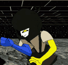 a cartoon character with a blue arm and yellow gloves is standing on the moon