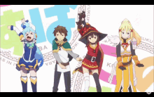 a group of anime characters are standing in front of a sign that says " fuku " on it