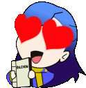 a cartoon girl with blue hair is holding a book and has red hearts in her eyes .