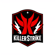 a red and black logo for killer strike with a star