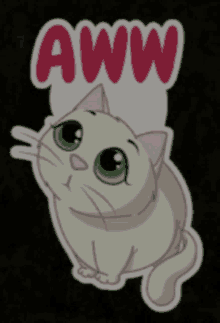 a sticker of a cat with the words " aww " on it