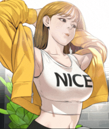 a woman wearing a yellow jacket and a white tank top with the word nice on it