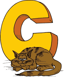 a cartoon cat laying in front of a letter c