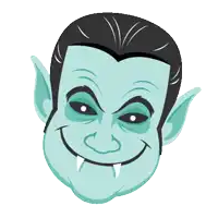a cartoon drawing of a vampire 's face with teeth and ears