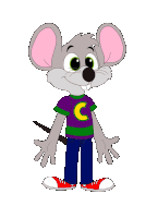 a cartoon mouse wearing a purple shirt with a yellow c on it