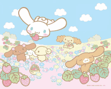 a bunch of cartoon characters including cinnamoroll eating a strawberry in a field