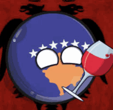 a cartoon globe with stars on it and a glass of wine in front of it