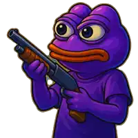 a purple frog in a purple shirt is holding a gun
