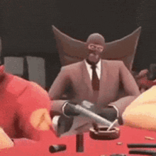 a cartoon character is sitting at a table with a gun .