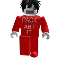 a red robot with the words pack abt it written on his shirt