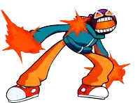 a cartoon character with a bomb on his head and orange flames behind him
