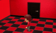 a cartoon character is standing in a red and black checkered floor