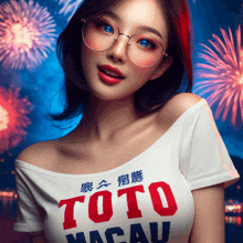 a girl wearing glasses and a toto macau shirt