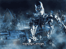 a poster for the movie terminator shows a robot holding a rifle