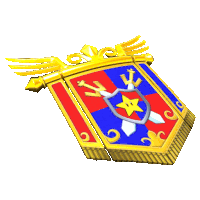 a red blue and gold banner with a shield and a star on it