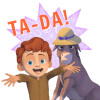 a boy and a donkey are standing next to each other and the donkey is wearing a hat that says ta-da!