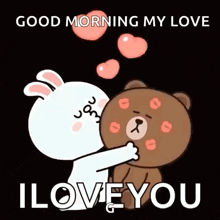 a rabbit is kissing a teddy bear on the cheek with hearts and the words `` good morning my love i love you '' .