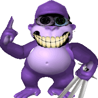 a purple monkey wearing glasses and a hat holds a pair of tripods