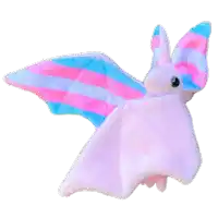 a stuffed bat with pink blue and white striped wings