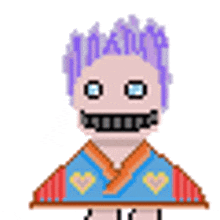 a pixel art of a person with purple hair and a blue kimono