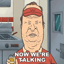 a cartoon character says now we 're talking in front of a fryer