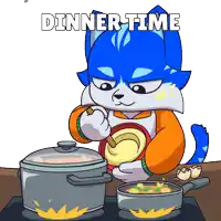 a cartoon of a cat preparing food with the words dinner time above him