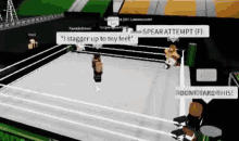 a screenshot of a video game where a wrestler is saying " i stagger up to my feet "