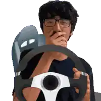 a man wearing glasses is holding a steering wheel in front of his face