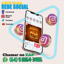 an advertisement for arte para rede social shows a phone with a hamburger on it