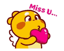 a yellow cartoon character is holding a pink heart in his mouth and saying `` miss u '' .