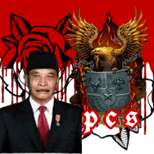 a man in a suit and tie stands in front of a red rose and a shield with an eagle and the word pcs on it