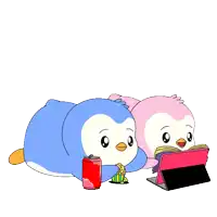 two penguins are eating popcorn and drinking soda while looking at a tablet