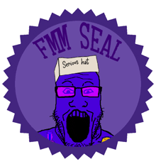 a cartoon of a man wearing a serious hat with the words fmm seal on it