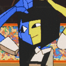 a blue and yellow cartoon character with a triangle in the middle of his face