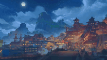 a painting of a city at night with a mountain in the background