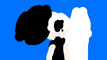 a black and white cartoon character against a blue sky