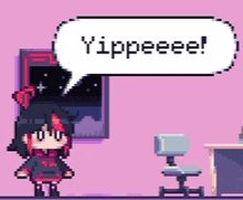 a pixel art of a girl with a speech bubble that says yippeee !