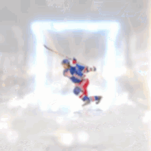 an advertisement for the new york rangers shows a hockey player jumping in the air