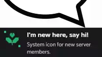 a speech bubble that says i 'm new here say hi system icon for new server members