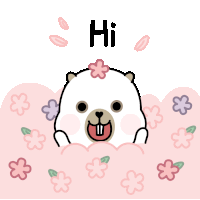 a cartoon of a bear with flowers on its head and the word hi above it