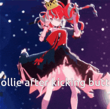 a red haired anime girl with a crown on her head and the words " ollie after kicking butt " below her