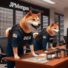 two dogs dressed in dea uniforms are standing in front of a jpmorgan sign