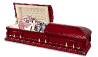 a red coffin with a picture of a girl in it