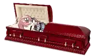 a red coffin with a picture of a girl in it