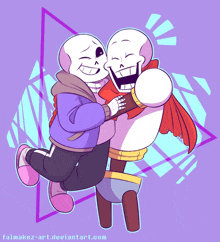 a drawing of two skeletons hugging with the website falmakez-art.deviantart.com in the bottom right