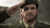 a man in a military uniform salutes with an eye patch on his left eye