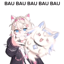 a picture of a girl holding a stuffed animal with the words bau bau bau bau on the bottom