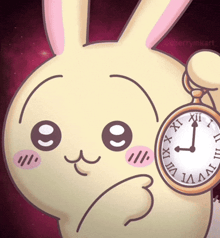 a cartoon bunny is holding a pocket watch with roman numerals on it